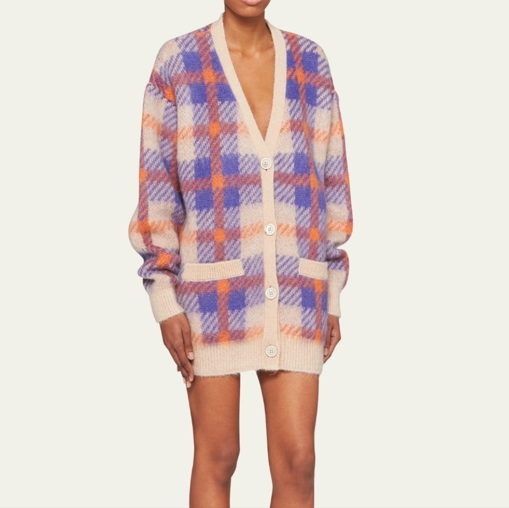 Miu Miu Plaid V-NeckIntarsia Oversized Cardigan Size Small